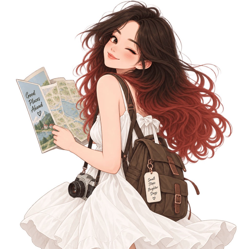 Illustration of a cheerful travel girl with a map and backpack